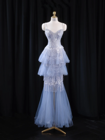 Light blue halter-neck fitted long ball gown R8926