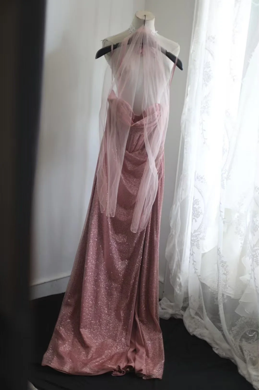 Pink sequined halter-neck fitted long ball gown R6779