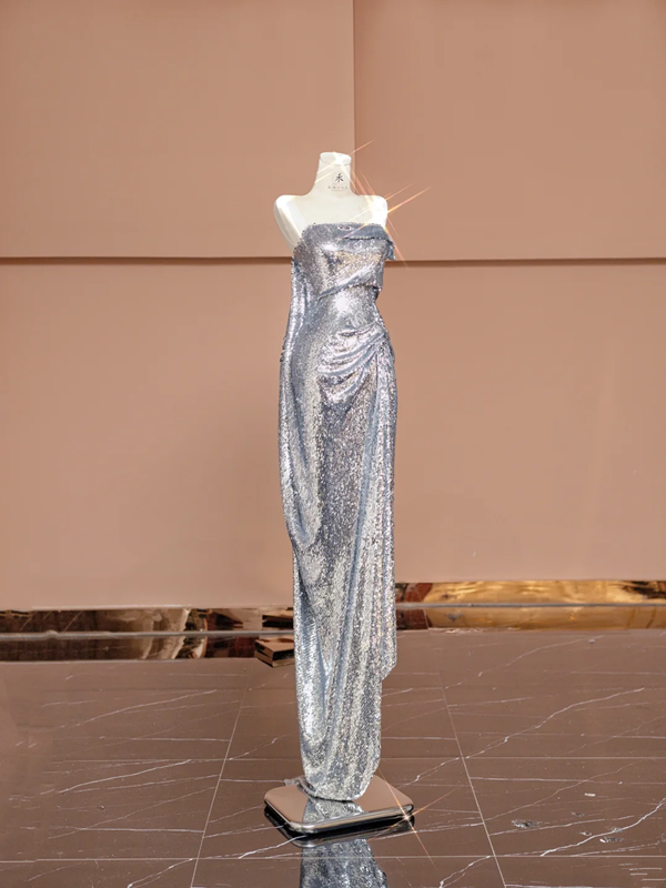 Silver sequined sleeveless fitted long ball gown R8405
