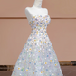 Light blue strapless fitted bodice with floral skirt, ball gown/bridal dress R8347