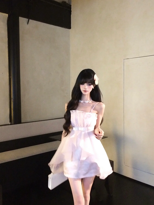 Pink tube top waist slim irregular tulle skirt homecoming dress R5087