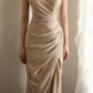 Champagne-colored halter-neck, fitted, pleated, bodycon, sexy long ball gown R6700