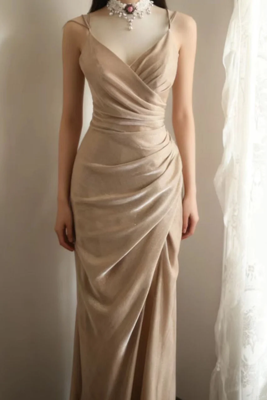 Champagne-colored halter-neck, fitted, pleated, bodycon, sexy long ball gown R6700