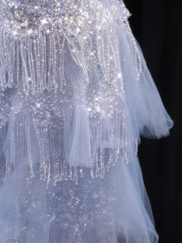Light blue halter-neck fitted long ball gown R8926