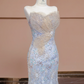 Light blue strapless, fitted, bodycon, sexy long rhinestone ball gown R8290