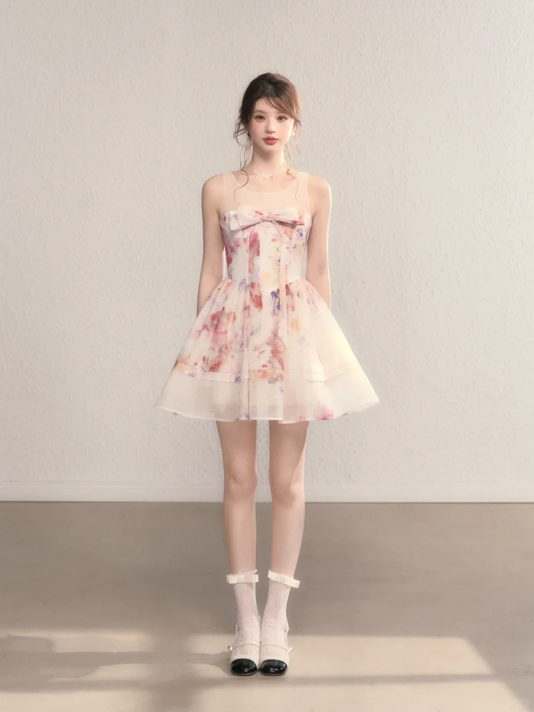 Pink floral sleeveless slim waist A-line short skirt homecoming dress R5408