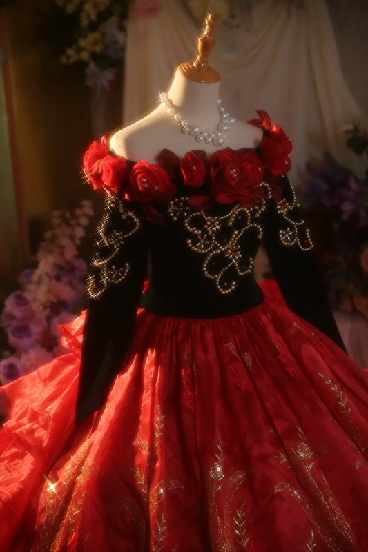 Red off-shoulder retro fitted waist ball gown/bridal dress R7272