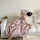 Champagne pink spaghetti strap, waist-cinched, slim-fit A-line long elegant prom dress R7966