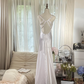 White halter-neck fitted backless sexy long ball gown R7766