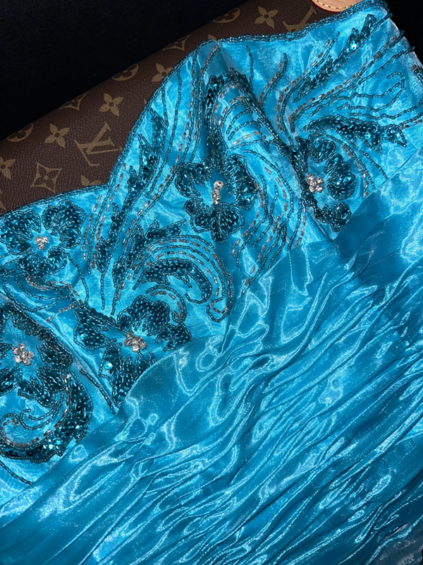 Azure blue strapless fitted waist elegant fairy long ball gown R6899