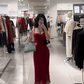 Red spaghetti strap waist-cinching slim-fit bodycon sexy prom dress R7926