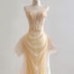 Light apricot strapless fitted waist bodycon long ball gown R8174