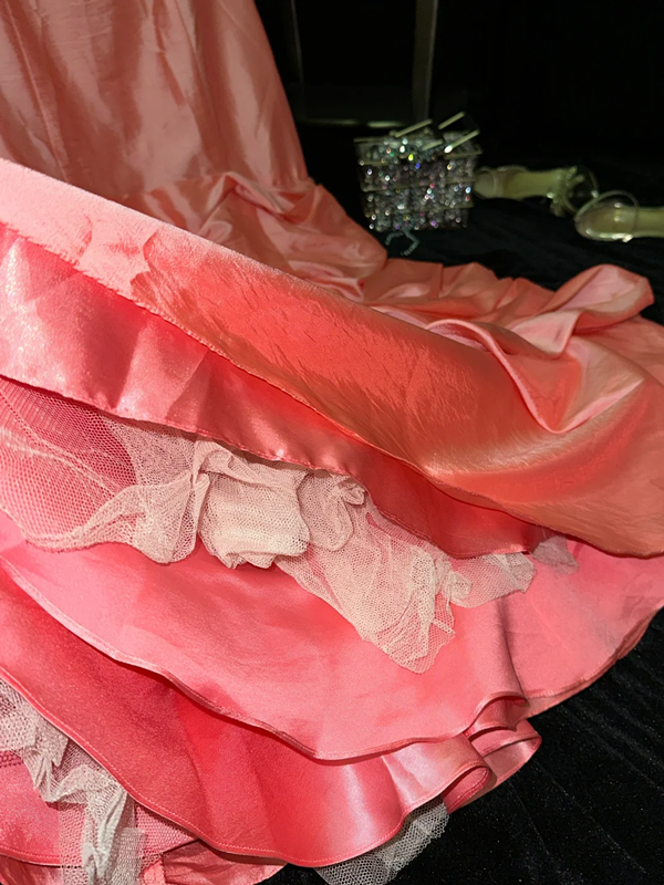 Pink strapless, fitted waist, alluring and sexy long ball gown R6939