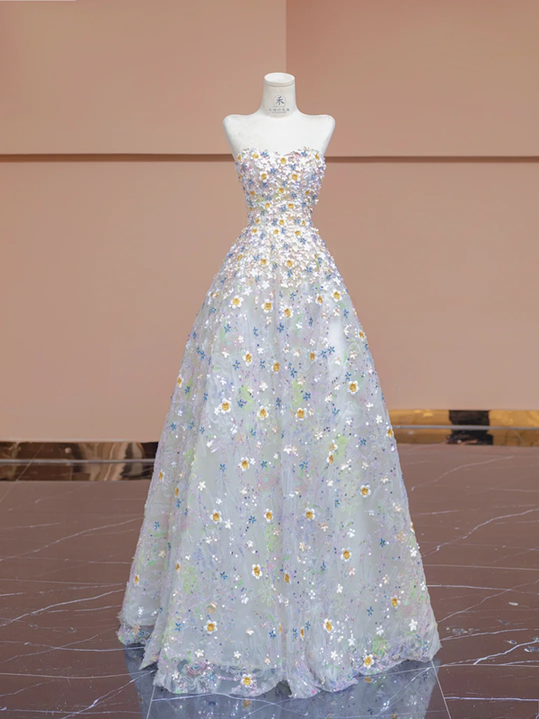 Light blue strapless fitted bodice with floral skirt, ball gown/bridal dress R8347
