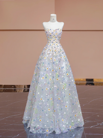 Light blue strapless fitted bodice with floral skirt, ball gown/bridal dress R8347