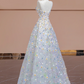Light blue strapless fitted bodice with floral skirt, ball gown/bridal dress R8347