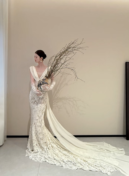 White sleeveless V-neck lace waist slim fishtail sexy long dress bridal gown R6061