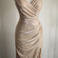 Champagne-colored halter-neck, fitted, pleated, bodycon, sexy long ball gown R6700
