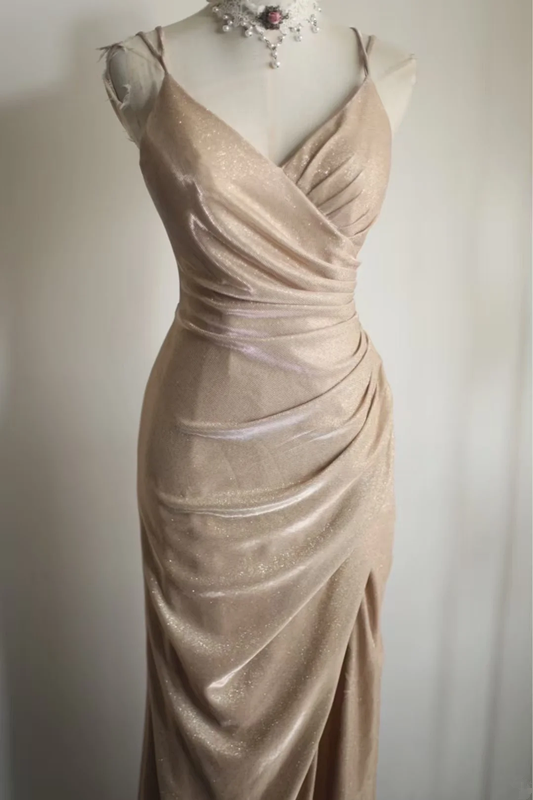 Champagne-colored halter-neck, fitted, pleated, bodycon, sexy long ball gown R6700
