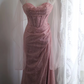Pink sequined halter-neck fitted long ball gown R6779