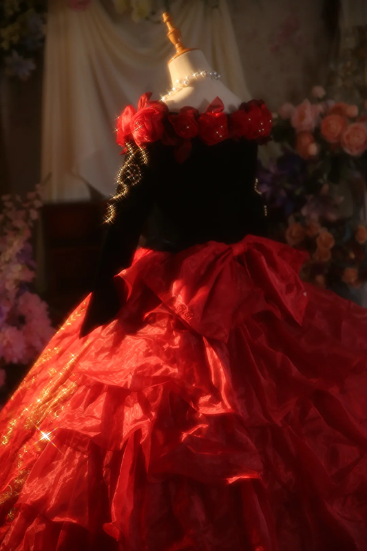 Red off-shoulder retro fitted waist ball gown/bridal dress R7272