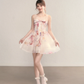 Pink floral sleeveless slim waist A-line short skirt homecoming dress R5408