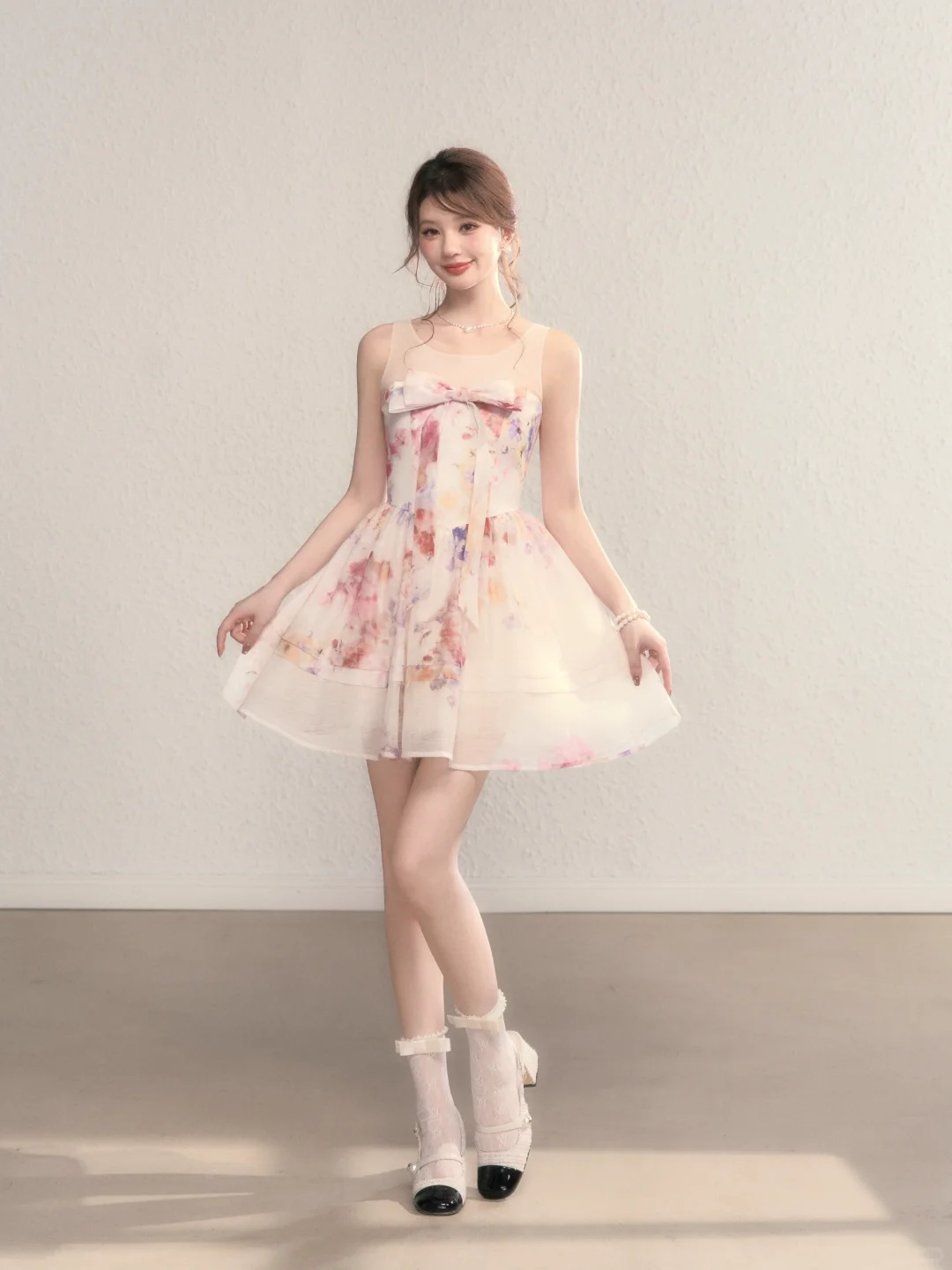 Pink floral sleeveless slim waist A-line short skirt homecoming dress R5408