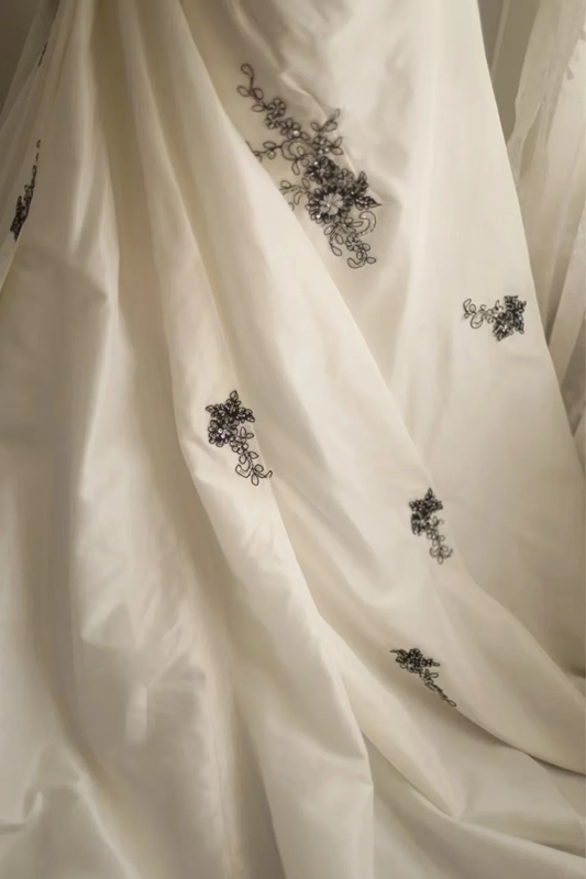 White halter-neck, black embroidered, fitted, bodycon long ball gown R6740