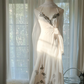 White halter neck fitted waist slim-fit lace skirt long ball gown R7695