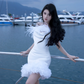 White Strapless Feather-Embellished Waist-Cinched Fitted Bodycon Prom Dress R7099