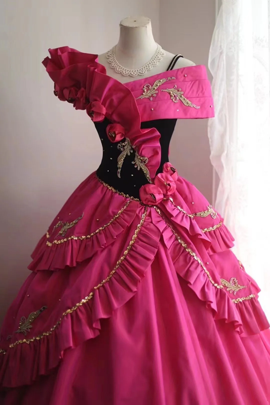 Barbie pink fitted bob with a full skirt, long ball gown, bridal dress R6819