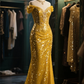 Gold sequined off-the-shoulder slim-waisted maxi ball gown R6079