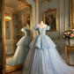 Light blue off-the-shoulder fitted waist ball gown with a full skirt R7212