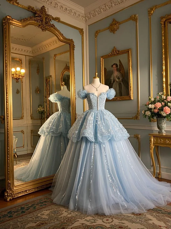 Light blue off-the-shoulder fitted waist ball gown with a full skirt R7212