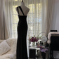 Black one-shoulder halter-neck fitted waist bodycon sexy long ball gown R7735