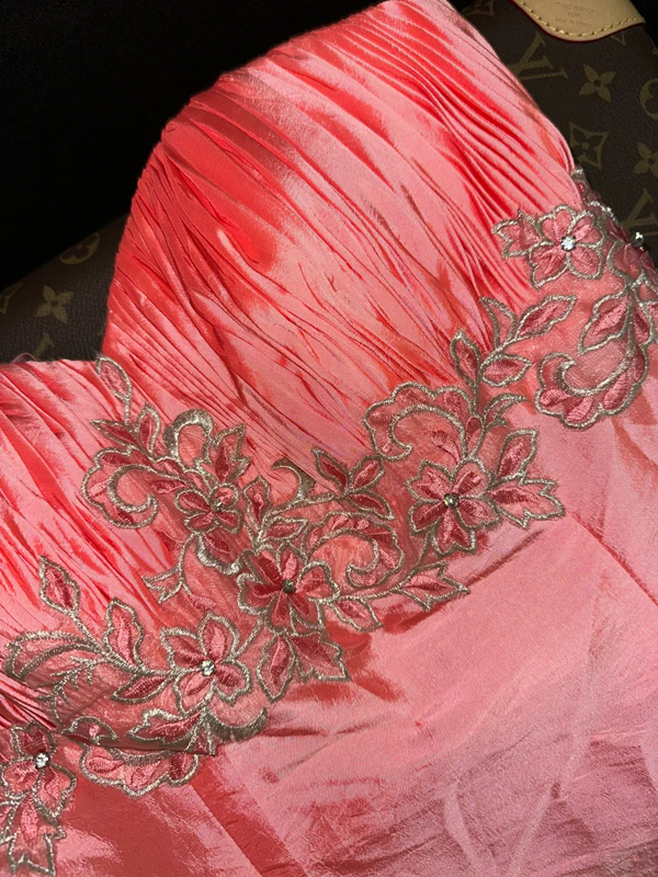 Pink strapless, fitted waist, alluring and sexy long ball gown R6939