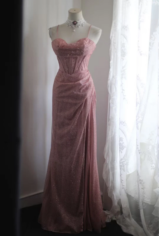 Pink sequined halter-neck fitted long ball gown R6779