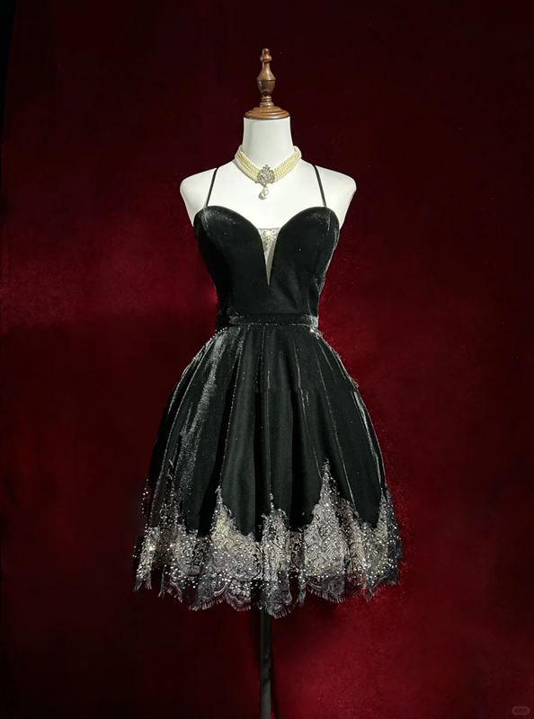 Black halter back sexy lace skirt short skirt homecoming dress R4927