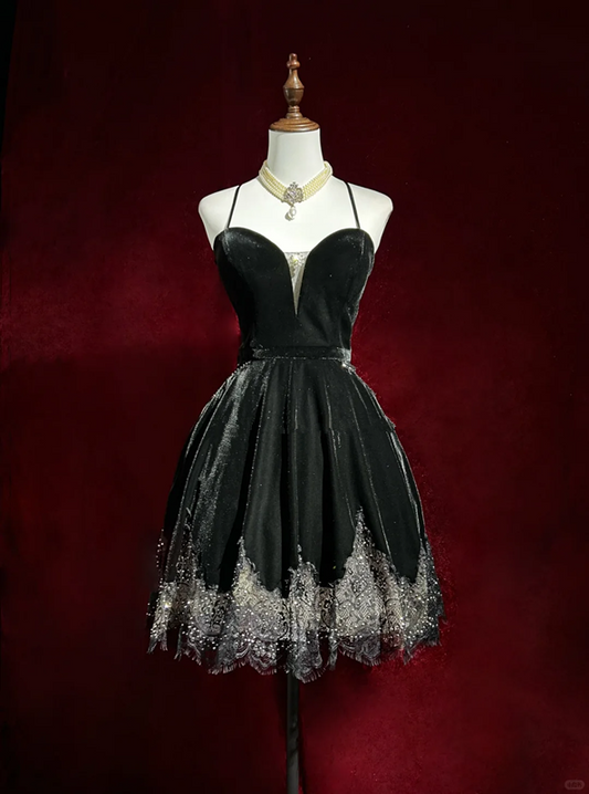 Black halter back sexy lace skirt short skirt homecoming dress R4927