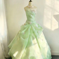 Light green strapless, fitted waist, full skirt, long ball gown R9046