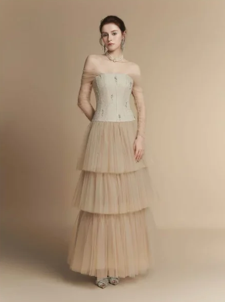 Beige one-shoulder slim waist sexy A-line cake long skirt homecoming dress R4846