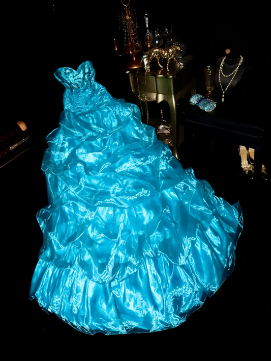 Azure blue strapless fitted waist elegant fairy long ball gown R6899