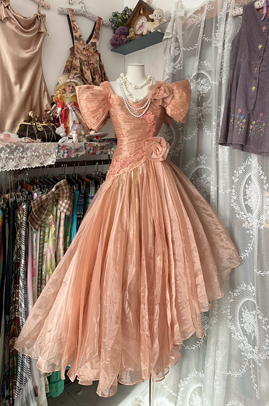 Orange puff-sleeved, fitted, pleated, asymmetrical hem long dress, ball gown R6300