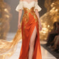 Orange dress with one shoulder design, slim waist and long dress, prom dress R5350