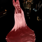 Pink halter neck fitted waist long satin ball gown R6416