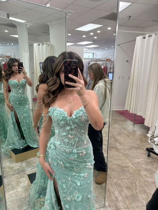 Light green tube top waist beaded lace sexy cute dress, prom dress R5390