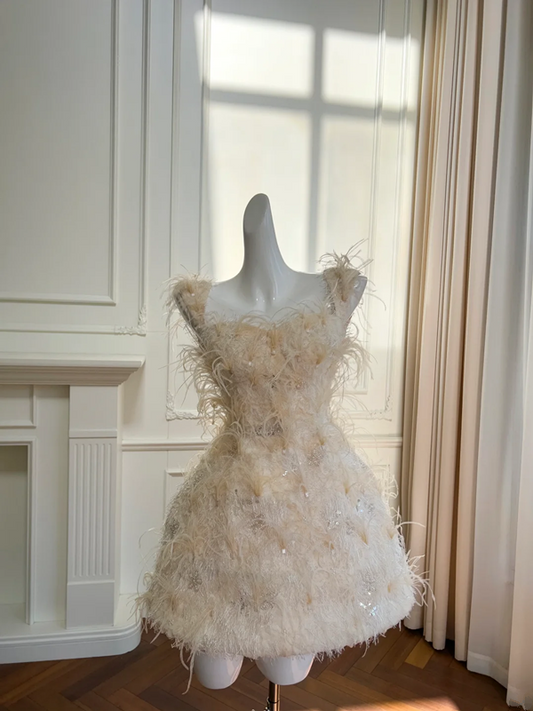 Pink suspender feather design waist slim A-line short skirt homecoming dress R5049