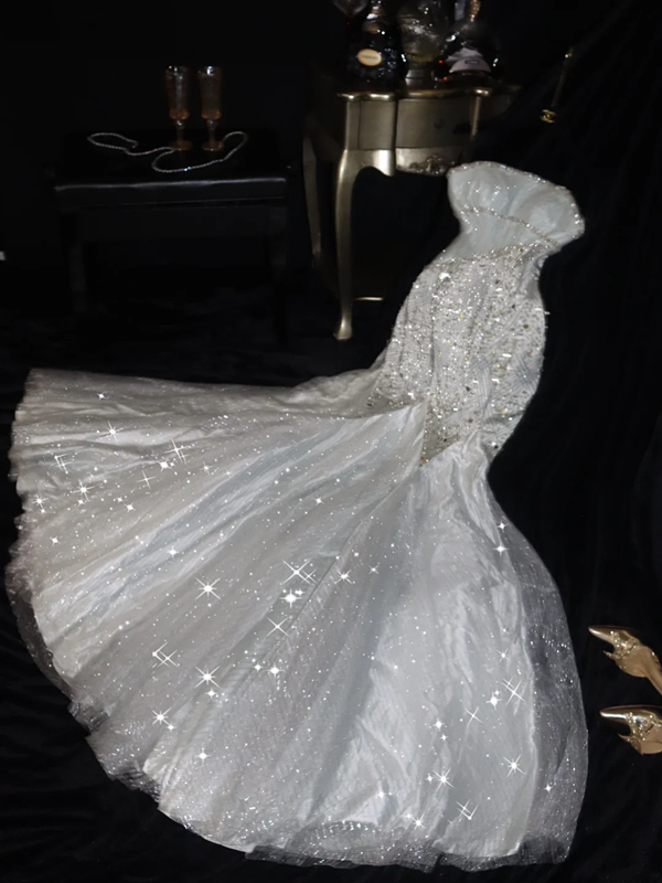 White strapless rhinestone-embellished fitted long ball gown R7019