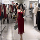 Red spaghetti strap waist-cinching slim-fit bodycon sexy prom dress R7926