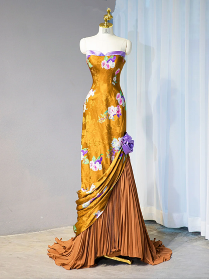 Mustard yellow strapless fitted long ball gown, bridal dress R9016